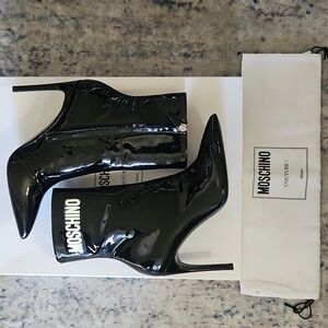 Moschino Patent Leather Pointed Toe Stiletto Boot – Black, 36.5